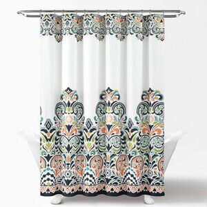 Boho Bohemian Moroccan Design Navy Orange Fabric Luxe Shower Curtain NEW PACKAGE